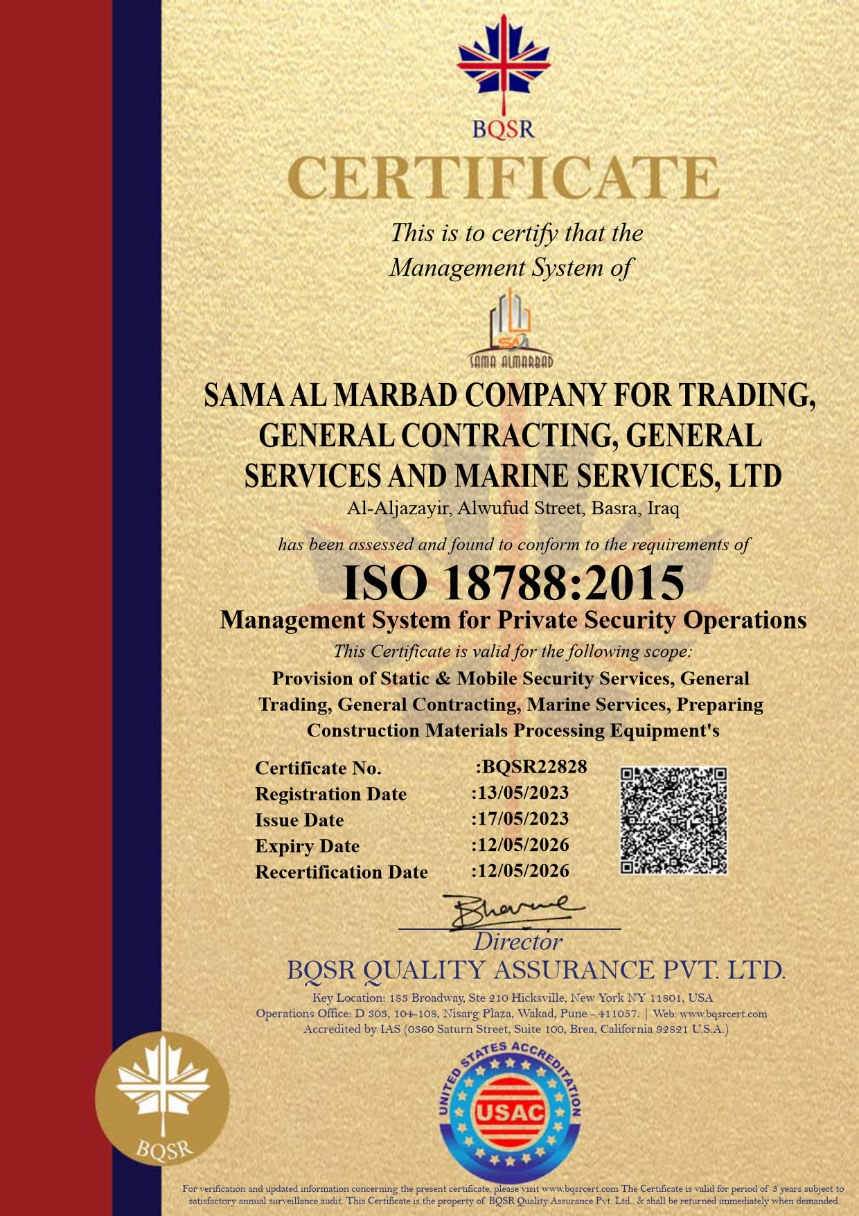 ISO 18788:2015 Certificate